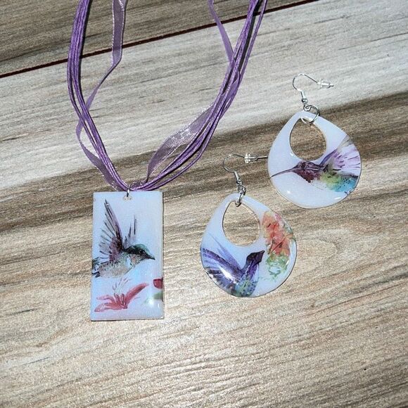 Hummingbird earring and necklace set custom made NWOT - Picture 1 of 8
